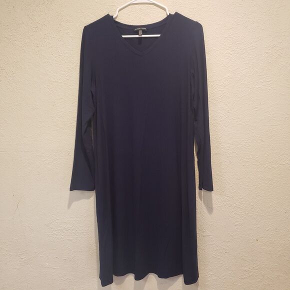 EILEEN FISHER Navy Blue Viscose Spandex Jersey 3/4 Dress Size Medium - Picture 2 of 7